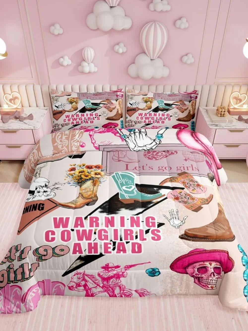 Western Full Comforter Set,Cowgirl Boots Hats Bedding Sets for Girls Kids Teen,P
